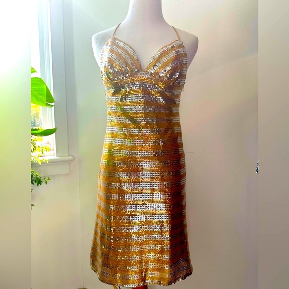 Faviana Couture Gold Sequins Cocktail Dress- Size 2 - Picture 1 of 8
